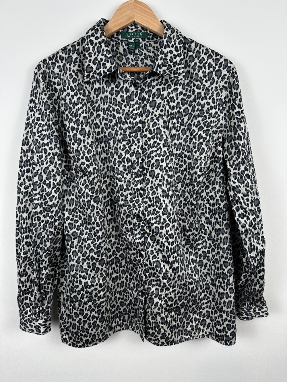 Lauren Ralph Lauren Leopard Print Cotton Button Down Blouse 1X Green Label